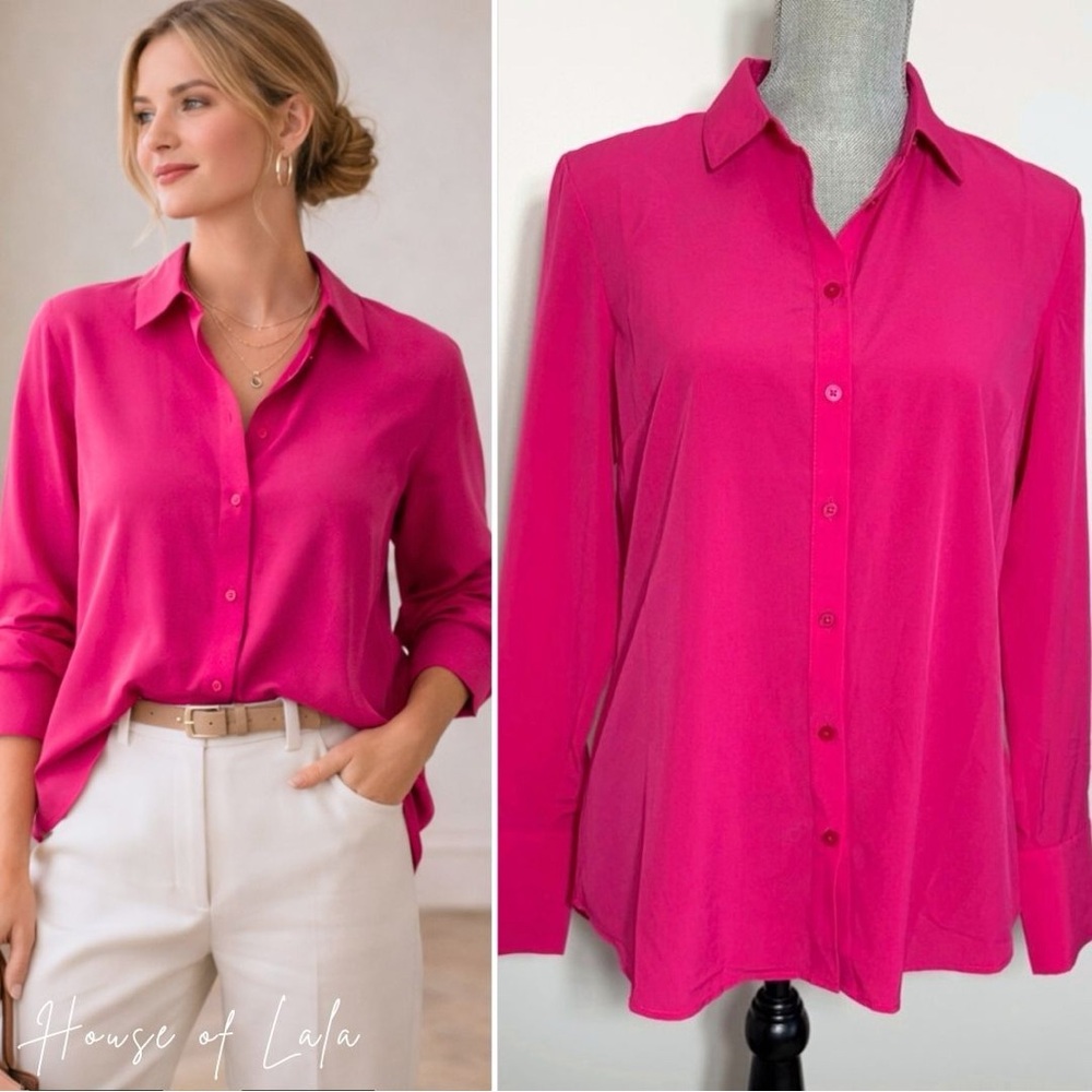 NWT Hot Pink Button-Up Blouse. RW&Co. Barbie Pink Dress Shirt. Work Shirt